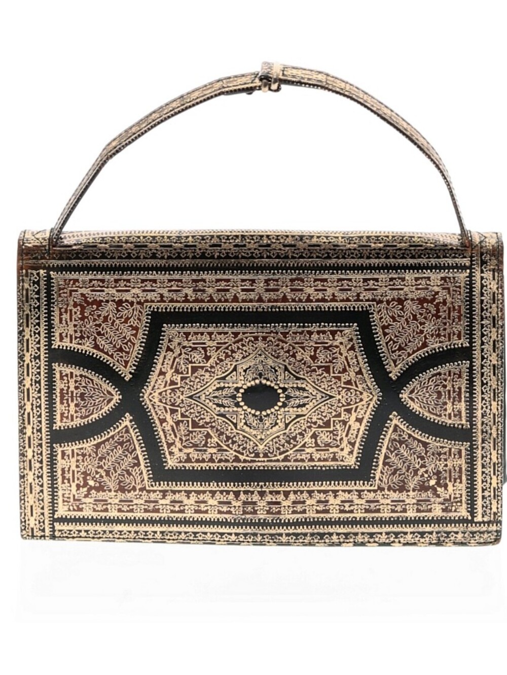 Ornate Gold Metallic Embossed Patterned Top-Handle Bag